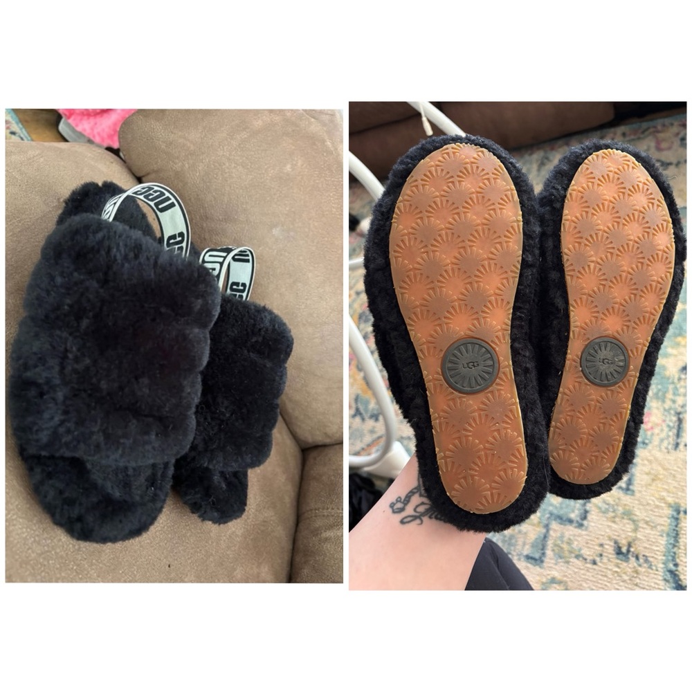 Black Fuzzy Slippers with Logo Strap